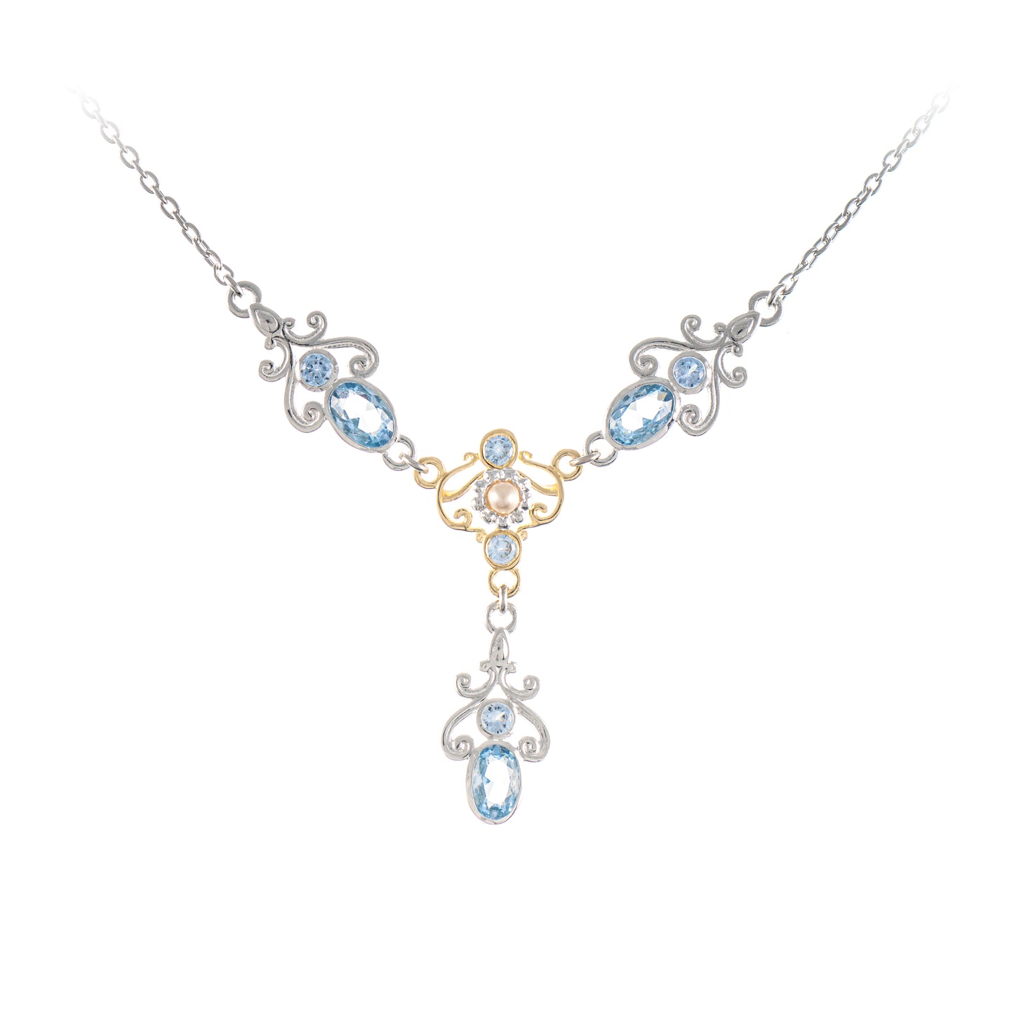 Collier 925 Silber teilvergoldet Zirkonia hellblau Perle