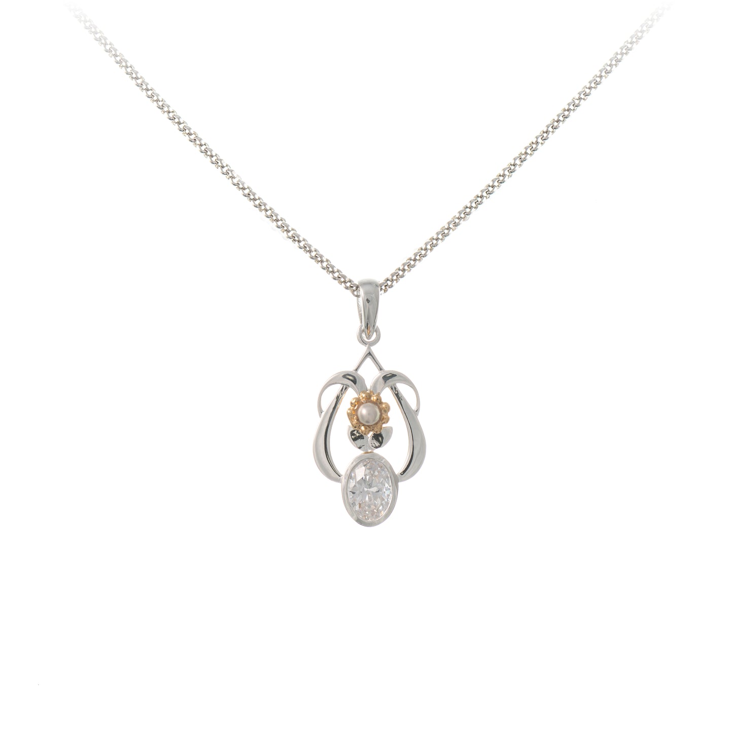 Anhaenger mit Kette 925 Silber teilvergoldet Zirkonia weiss Perle