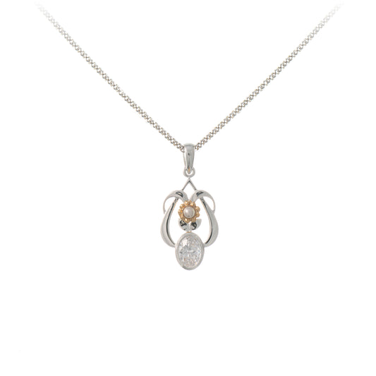 Anhaenger mit Kette 925 Silber teilvergoldet Zirkonia weiss Perle