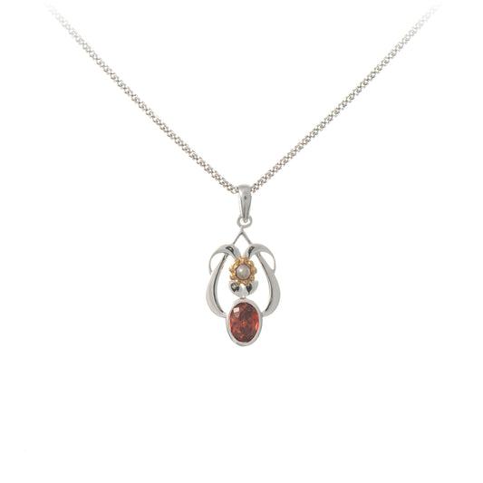 Anhaenger mit Kette 925 Silber teilvergoldet Zirkonia rot Perle
