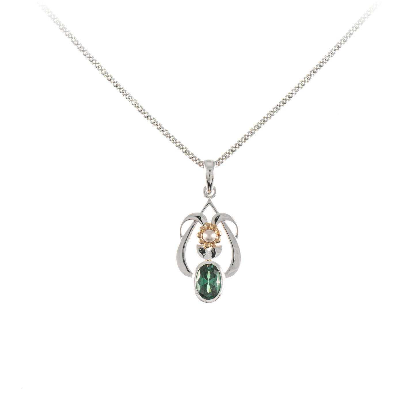 Anhaenger mit Kette 925 Silber teilvergoldet Zirkonia gruen Perle