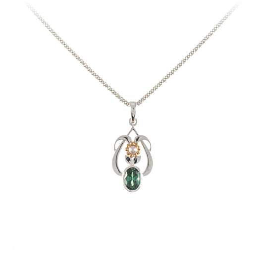 Anhaenger mit Kette 925 Silber teilvergoldet Zirkonia gruen Perle