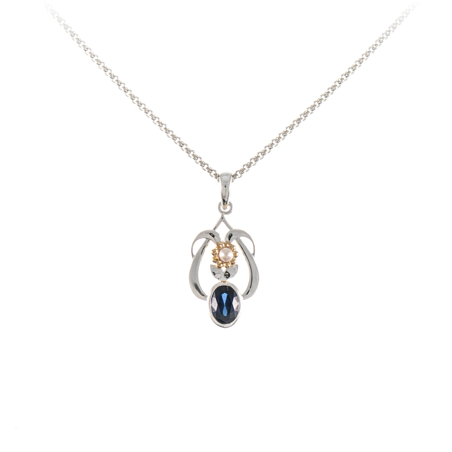 Anhaenger mit Kette 925 Silber teilvergoldet Zirkonia blau Perle