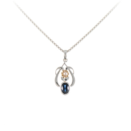 Anhaenger mit Kette 925 Silber teilvergoldet Zirkonia blau Perle