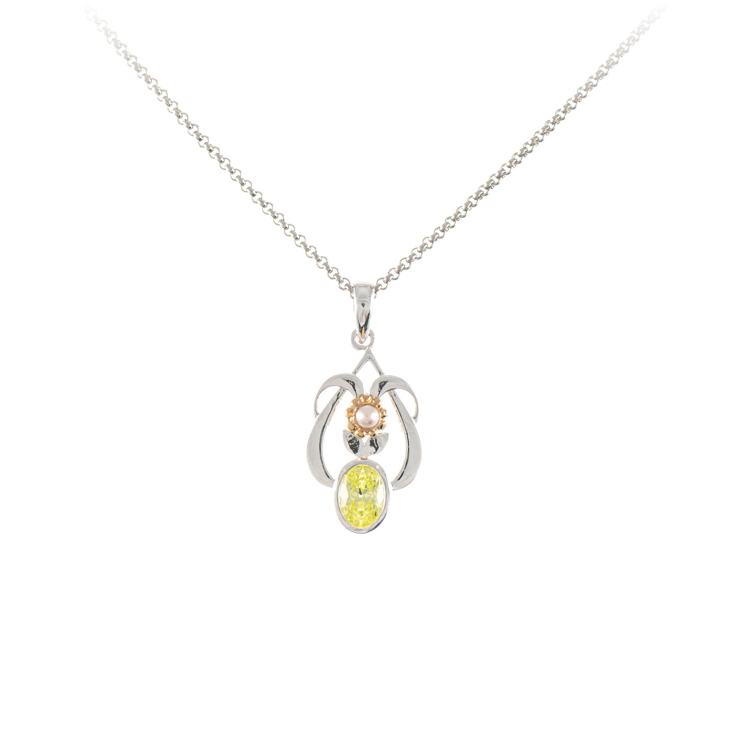 Anhaenger mit Kette 925 Silber teilvergoldet Zirkonia hellgruen Perle