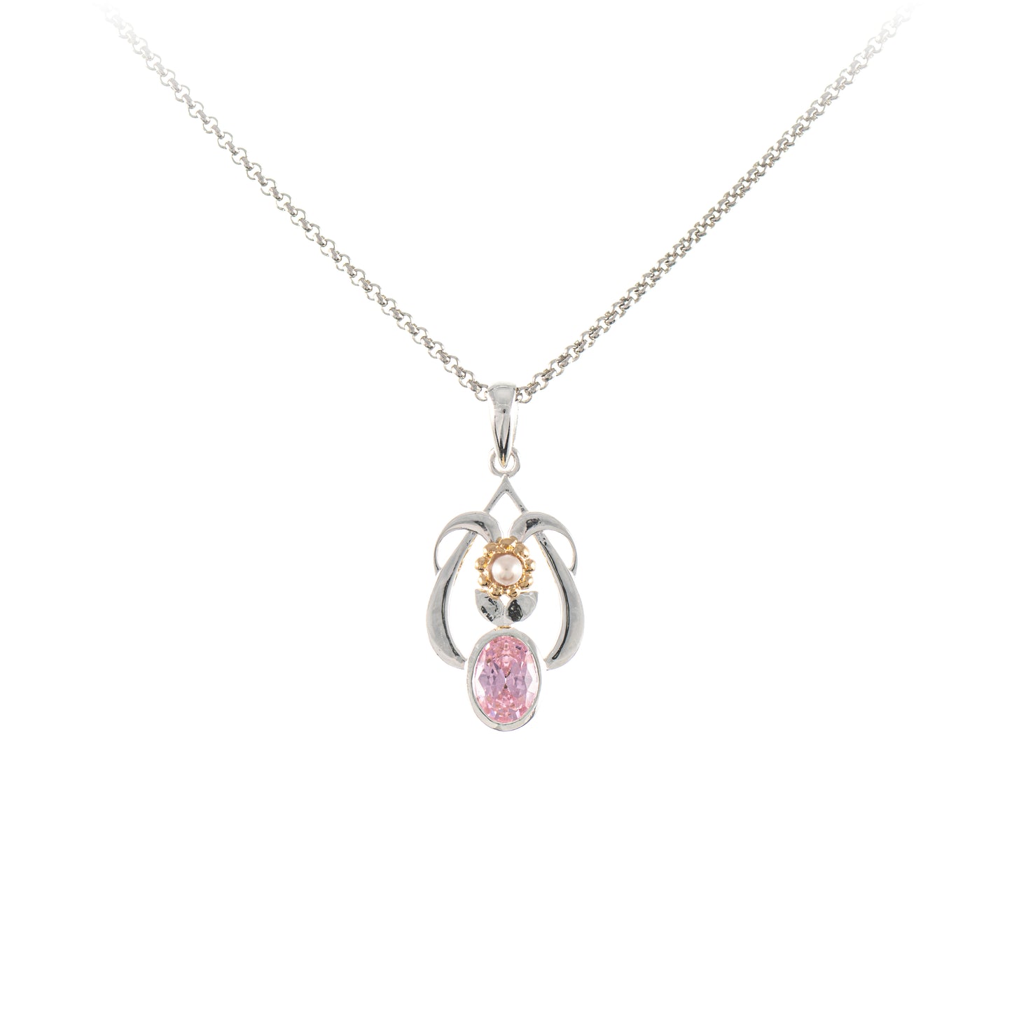 Anhaenger mit Kette 925 Silber teilvergoldet Zirkonia rosa Perle