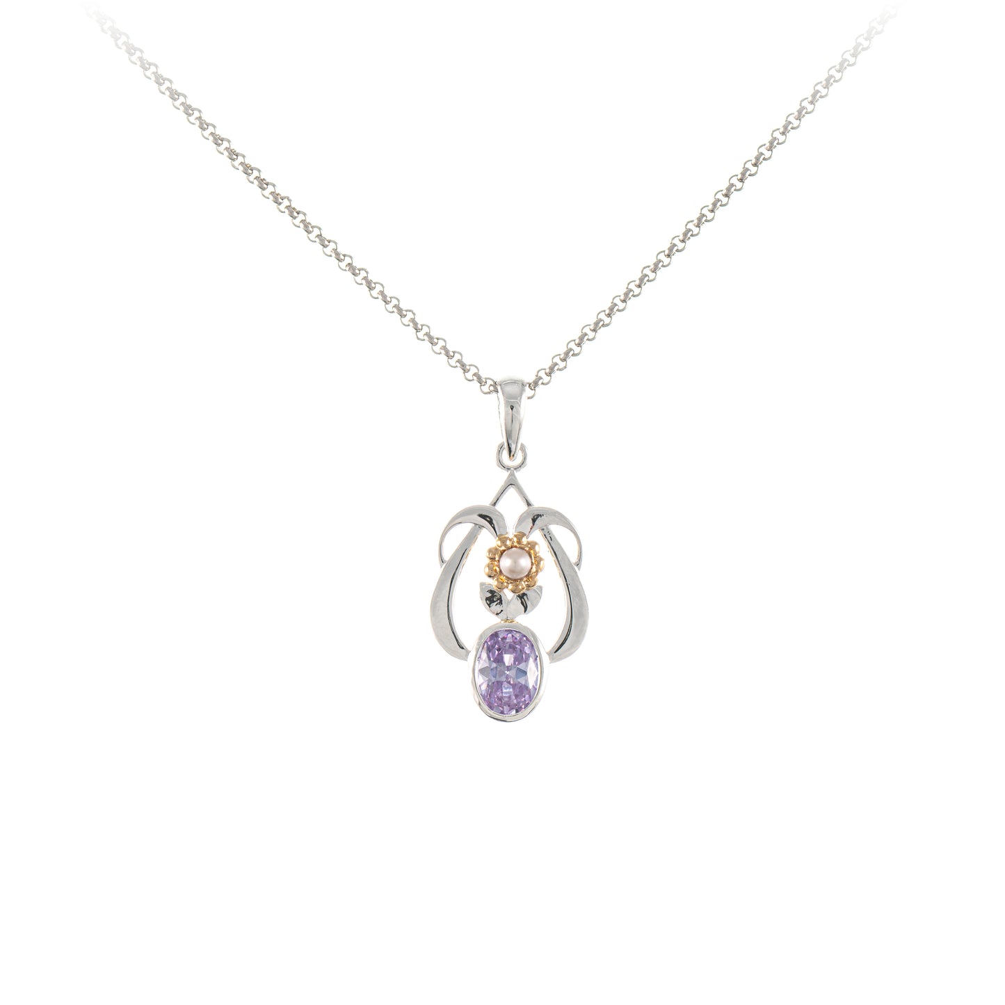 Anhaenger mit Kette 925 Silber teilvergoldet Zirkonia flieder Perle