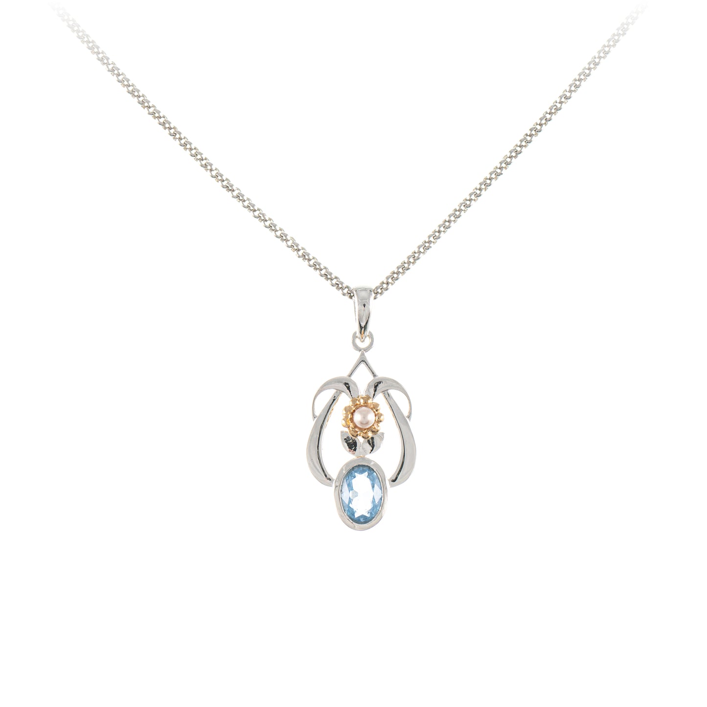 Anhaenger mit Kette 925 Silber teilvergoldet Zirkonia hellblau Perle