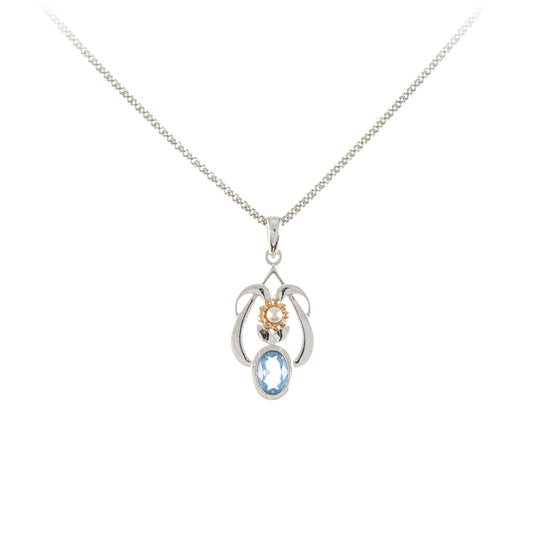 Anhaenger mit Kette 925 Silber teilvergoldet Zirkonia hellblau Perle