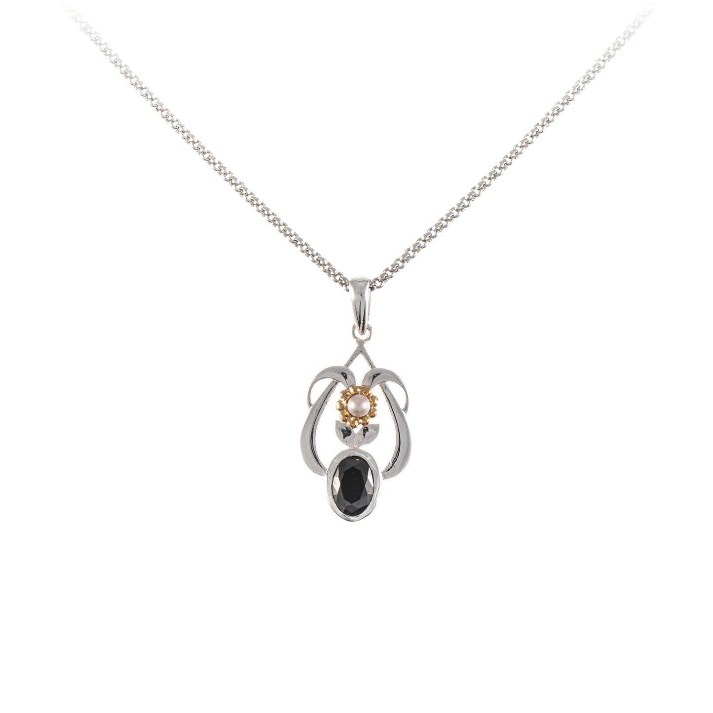 Anhaenger mit Kette 925 Silber teilvergoldet Zirkonia schwarz Perle