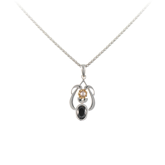 Anhaenger mit Kette 925 Silber teilvergoldet Zirkonia schwarz Perle