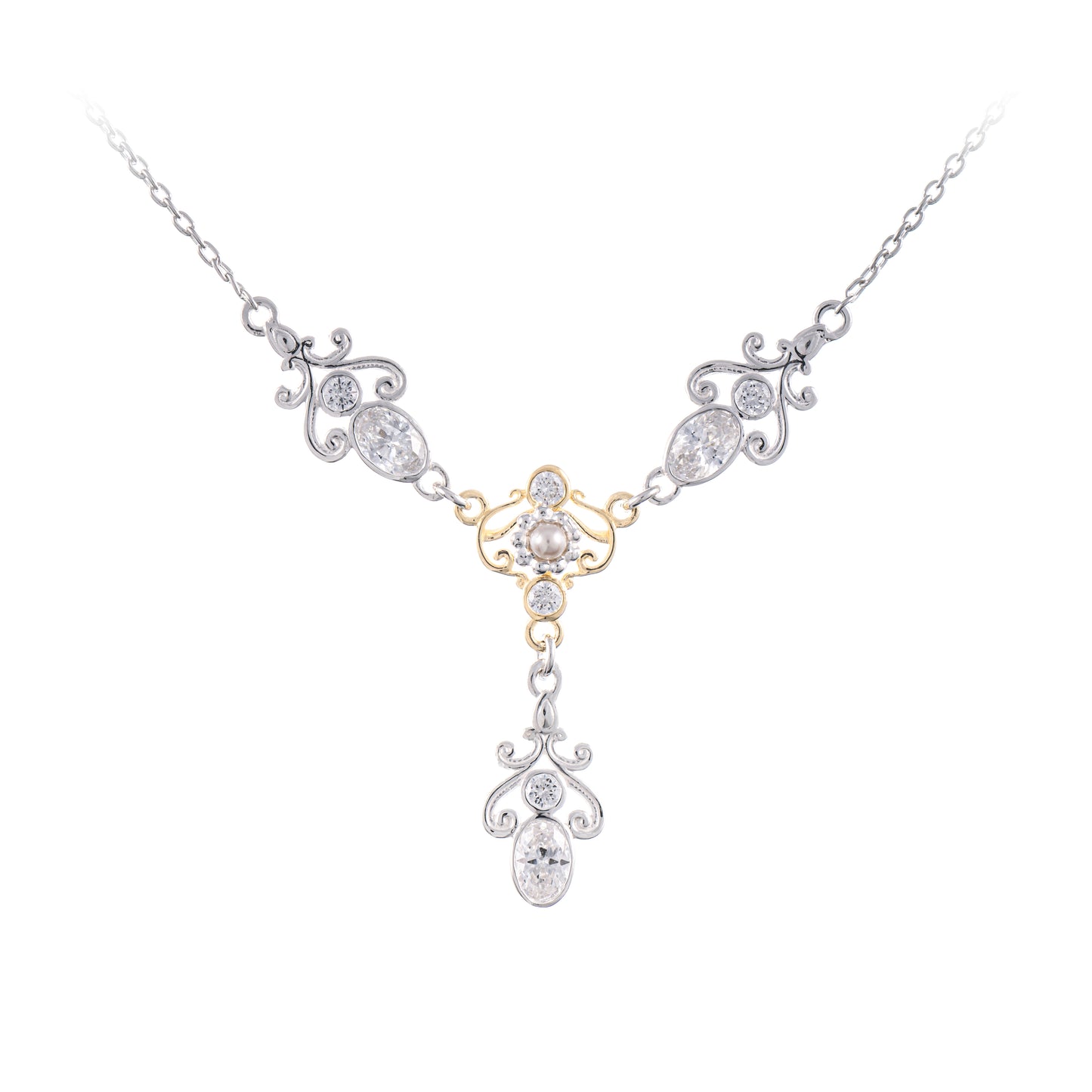 Collier 925 Silber teilvergoldet Zirkonia weiss Perle