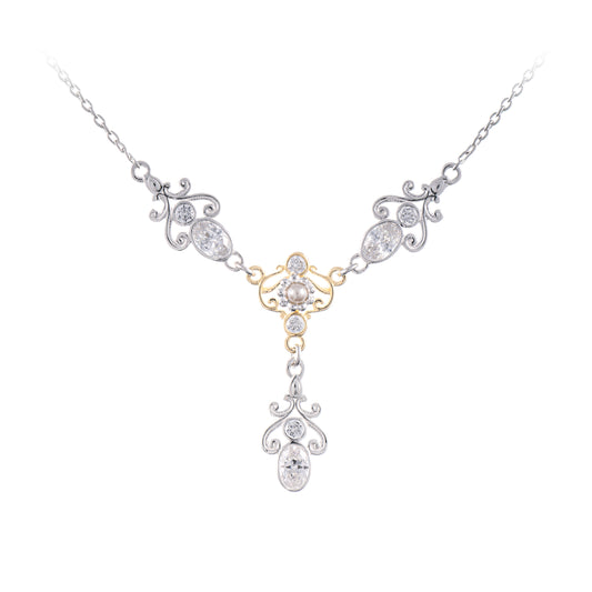 Collier 925 Silber teilvergoldet Zirkonia weiss Perle