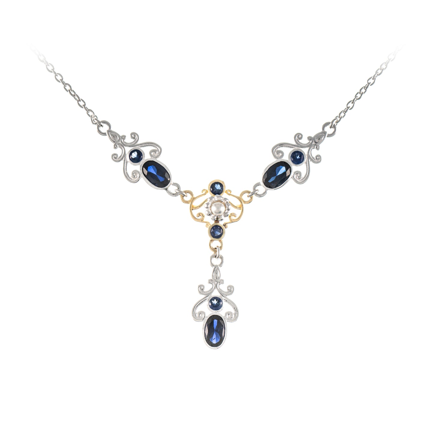 Collier 925 Silber teilvergoldet Zirkonia blau Perle