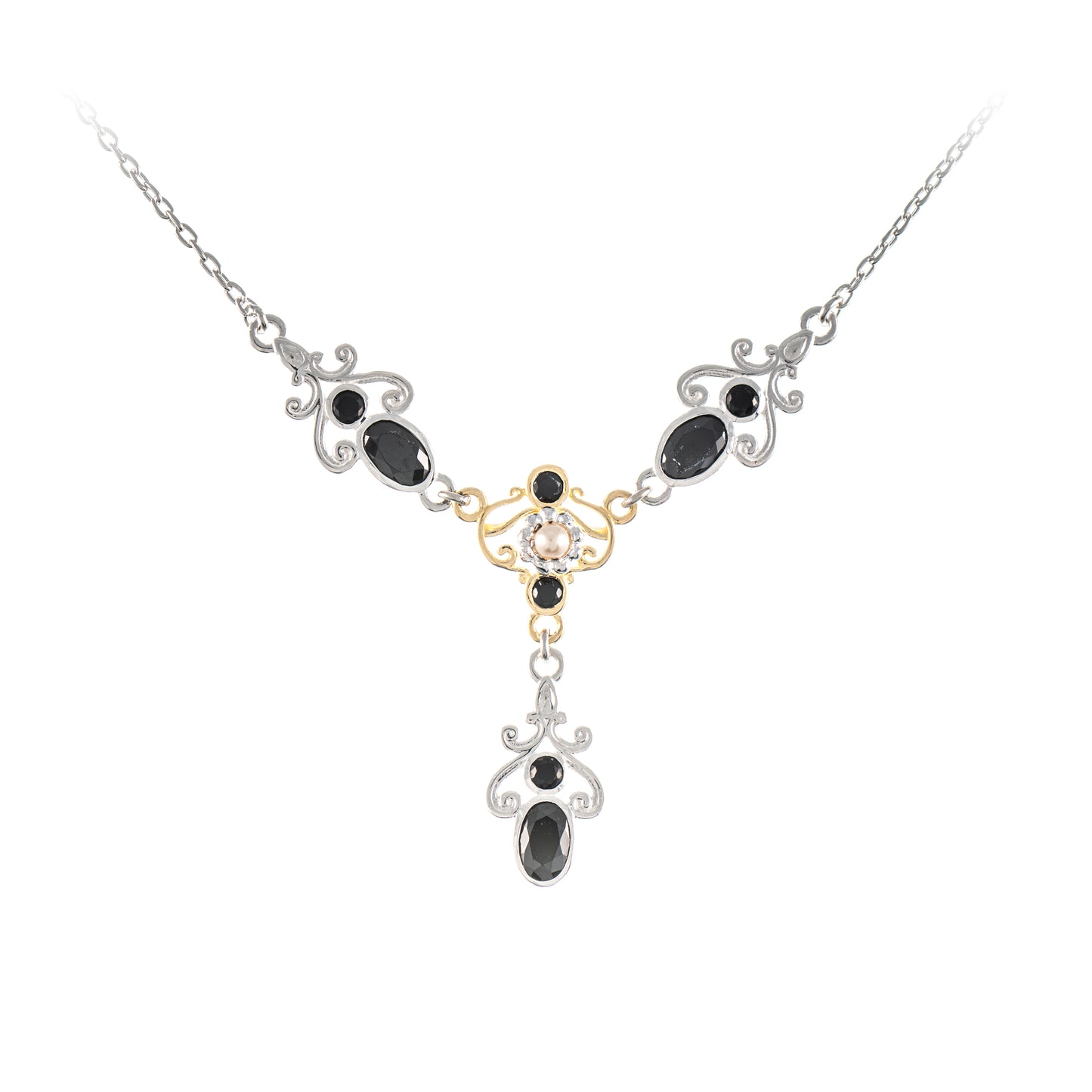 Collier 925 Silber teilvergoldet Zirkonia schwarz Perle