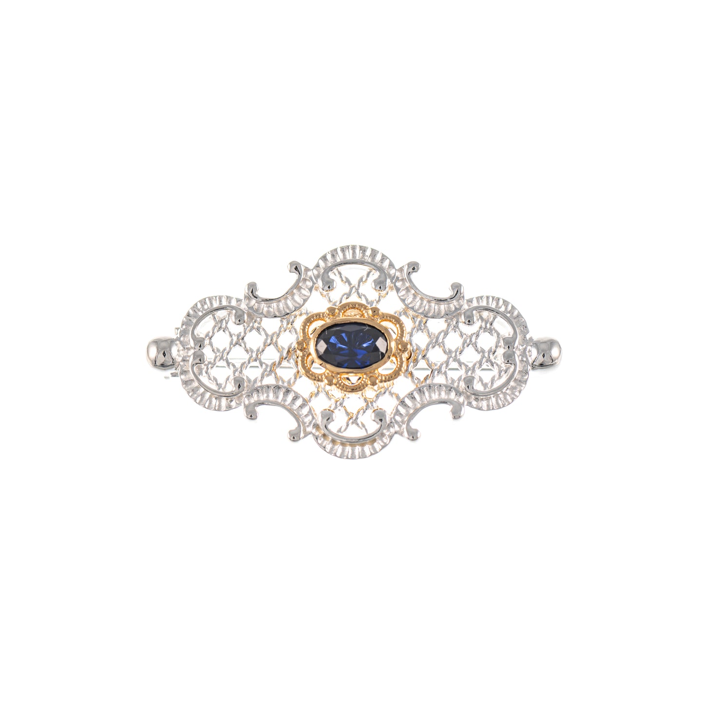 Brosche 925 Silber teilvergoldet Zirkonia blau